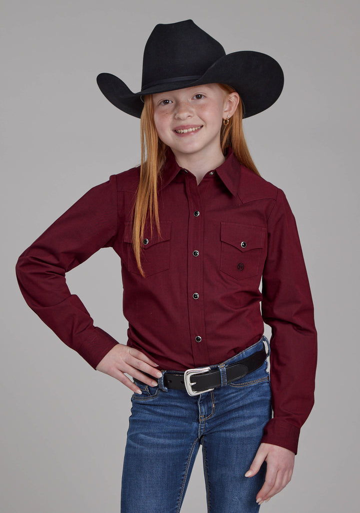 GIRLS LONG SLEEVE SNAP SOLID BLACK FILL POPLIN - RED WESTERN SHIRT