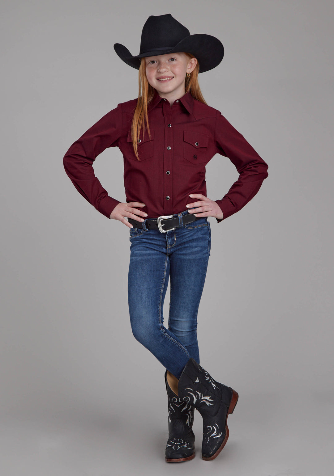GIRLS LONG SLEEVE SNAP SOLID BLACK FILL POPLIN - RED WESTERN SHIRT