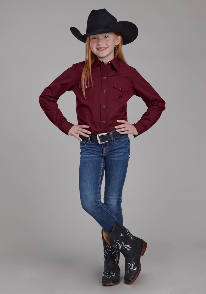 GIRLS LONG SLEEVE SNAP SOLID BLACK FILL POPLIN - RED WESTERN SHIRT