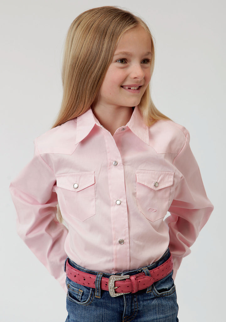 GIRLS PINK SOLID LONG SLEEVE WESTERN SNAP SHIRT