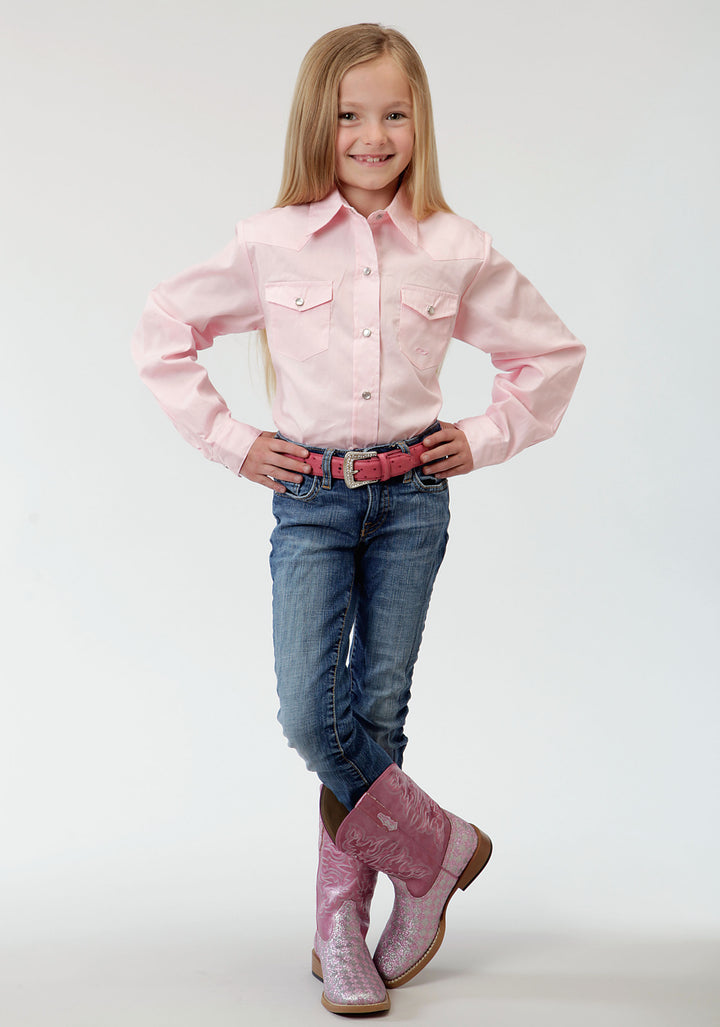 GIRLS PINK SOLID LONG SLEEVE WESTERN SNAP SHIRT