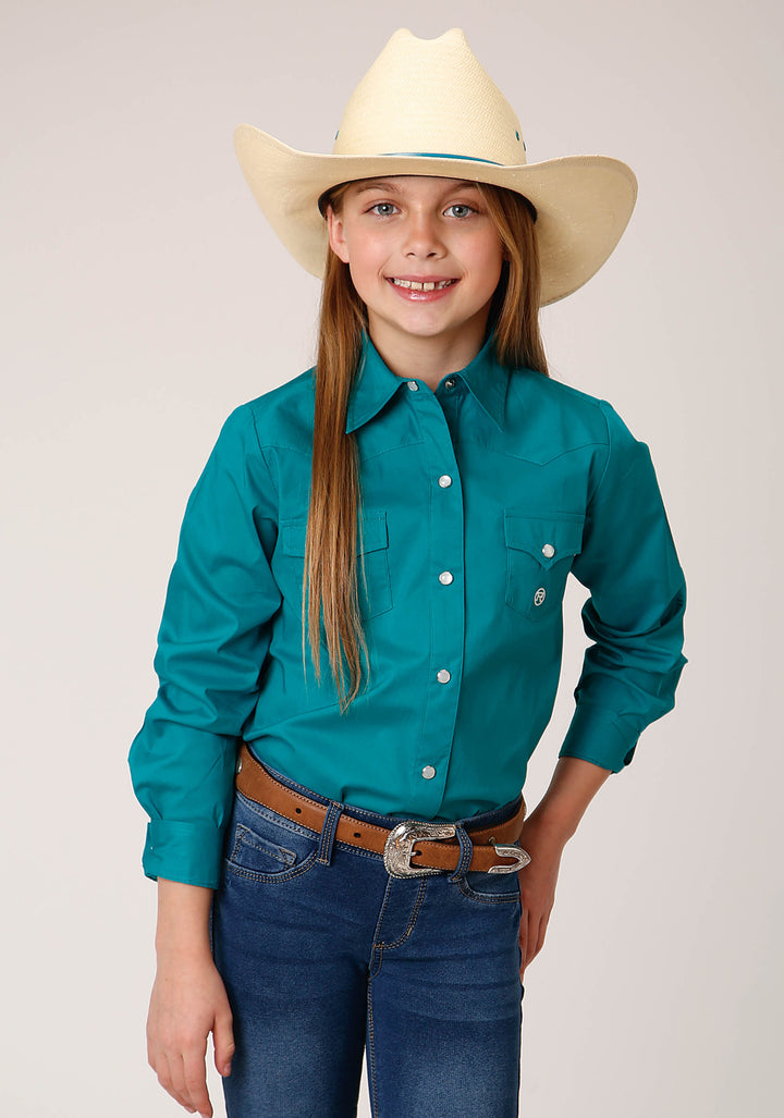 GIRLS LONG SLEEVE SNAP SOLID POPLIN STRETCH  TURQUOISE WESTERN SHIRT
