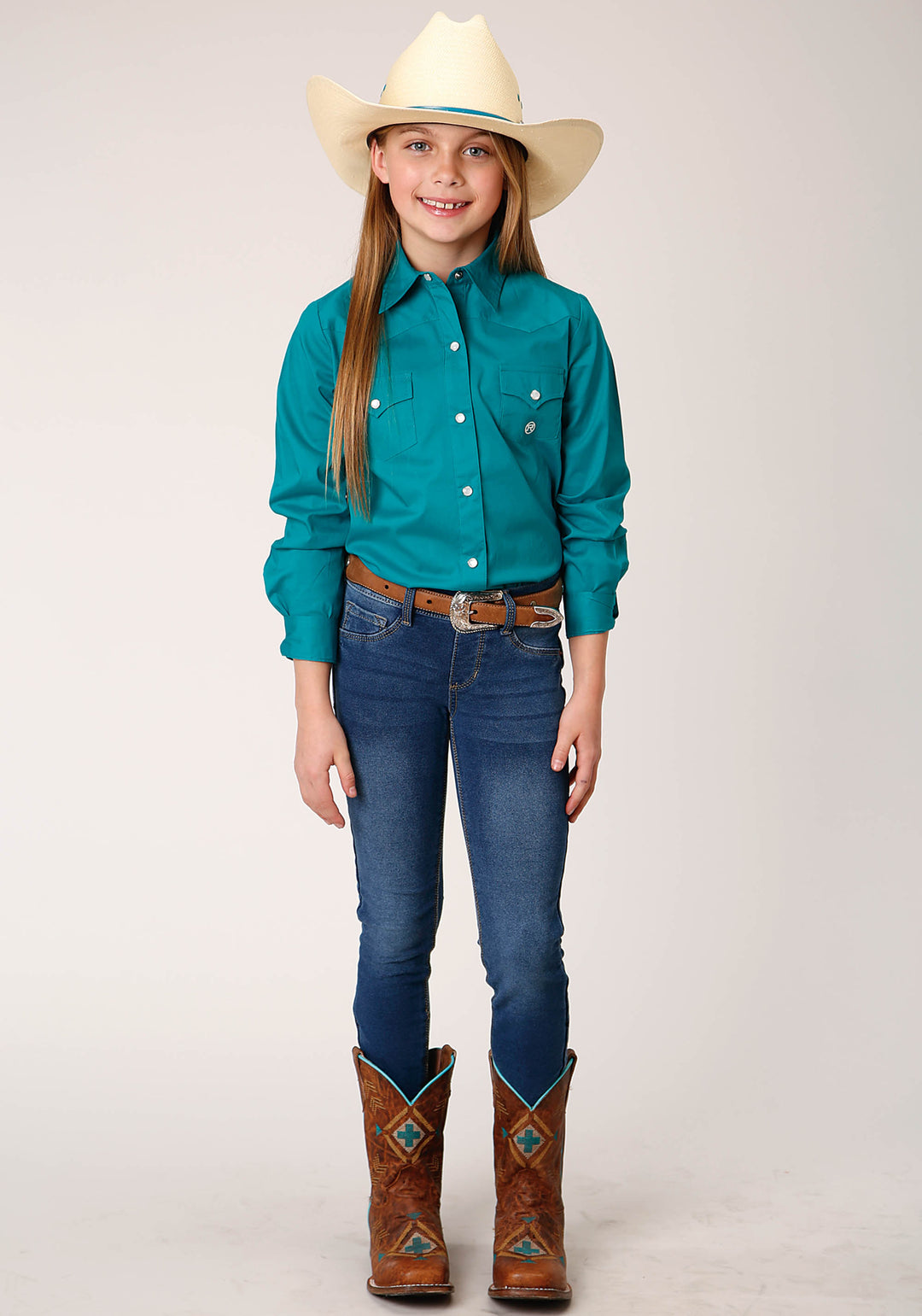GIRLS LONG SLEEVE SNAP SOLID POPLIN STRETCH  TURQUOISE WESTERN SHIRT