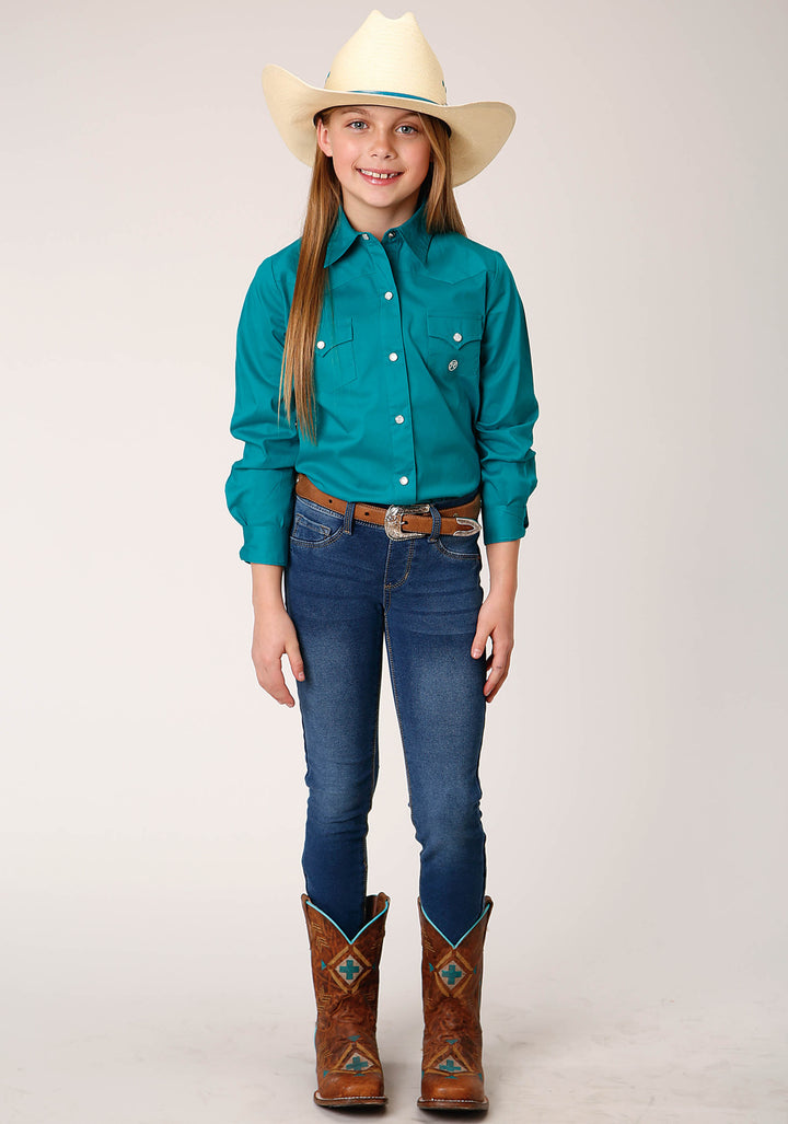 GIRLS LONG SLEEVE SNAP SOLID POPLIN STRETCH  TURQUOISE WESTERN SHIRT