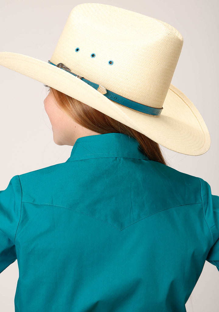 GIRLS LONG SLEEVE SNAP SOLID POPLIN STRETCH  TURQUOISE WESTERN SHIRT