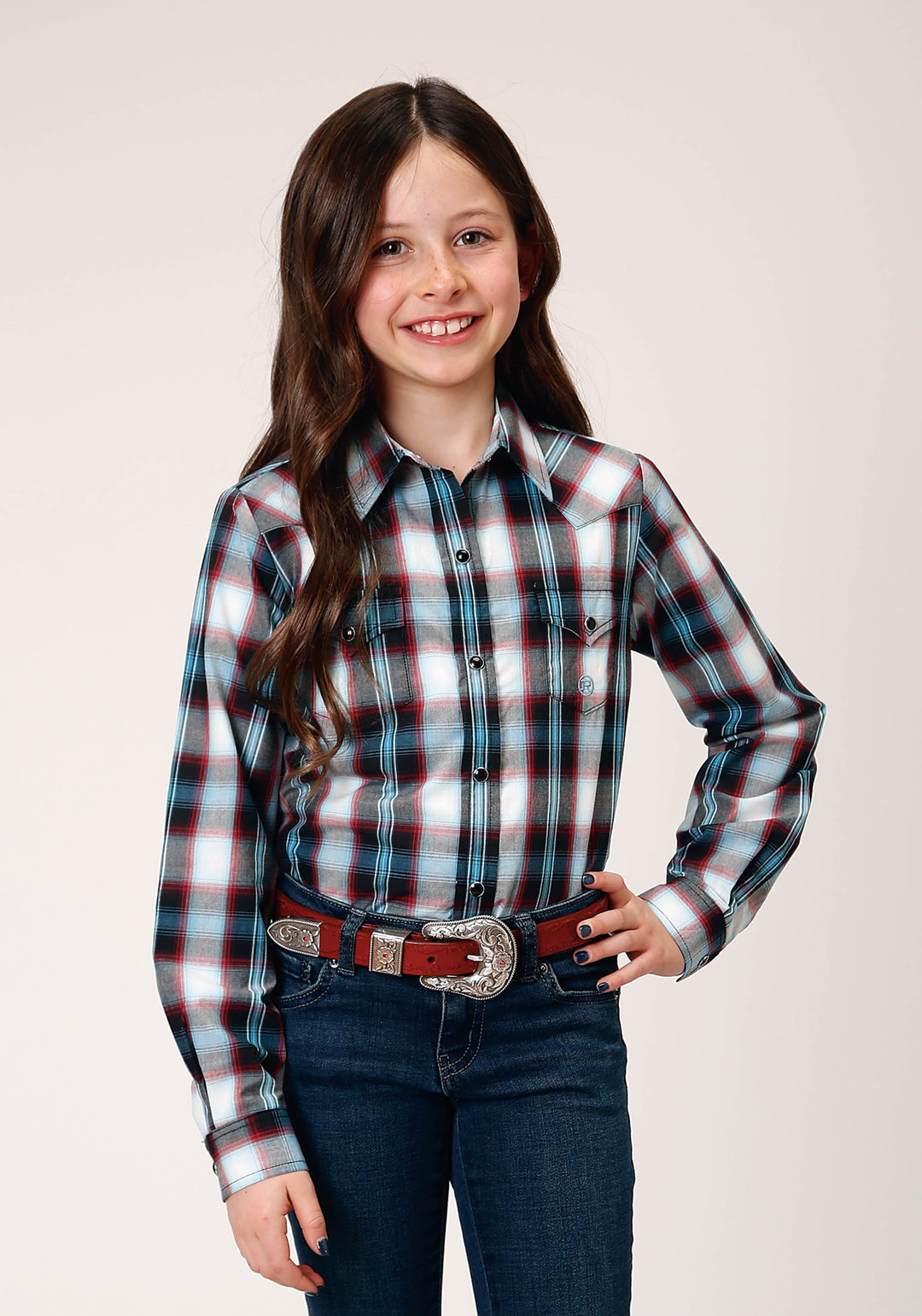 GIRLS LONG SLEEVE SNAP WEST PLAID WESTERN SHIRT