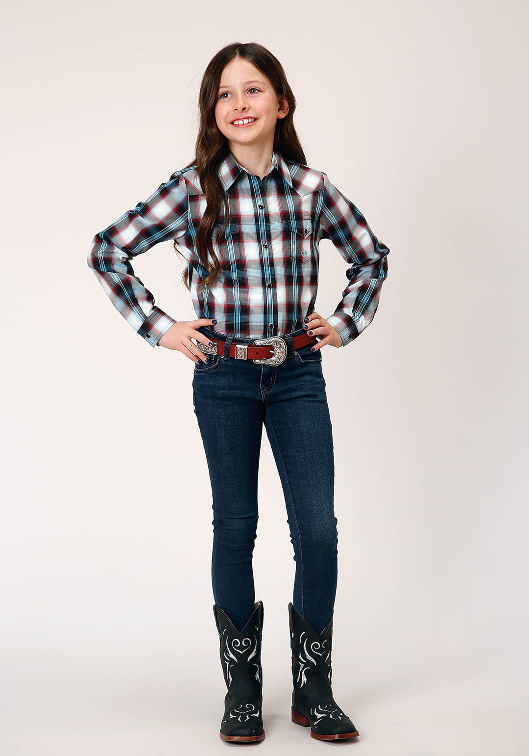 GIRLS LONG SLEEVE SNAP WEST PLAID WESTERN SHIRT