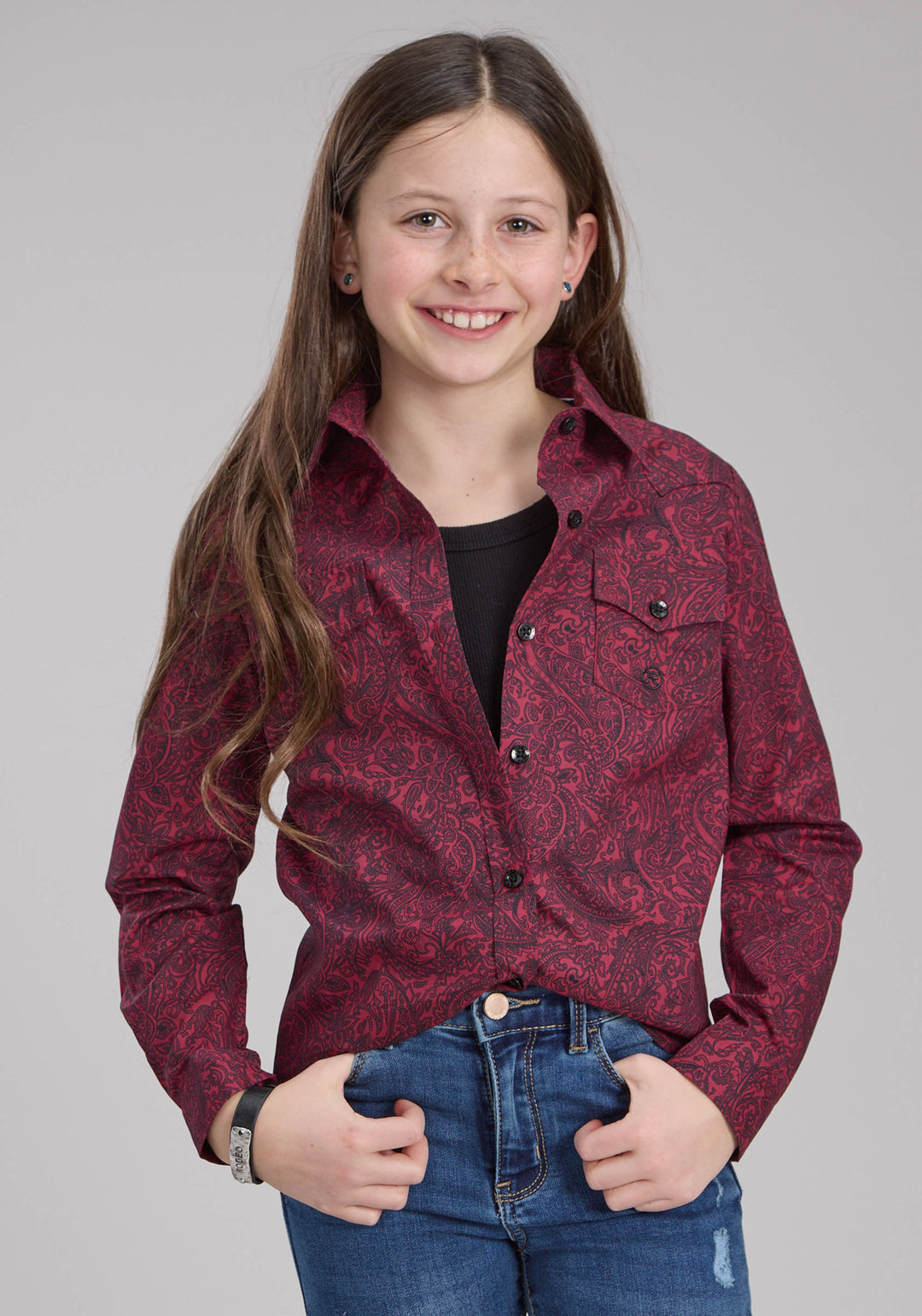 GIRLS BURGUNDY PAISLEY LONG SLEEVE BUTTON WESTERN SHIRT