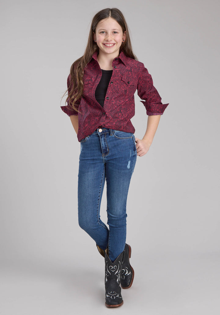 GIRLS BURGUNDY PAISLEY LONG SLEEVE BUTTON WESTERN SHIRT