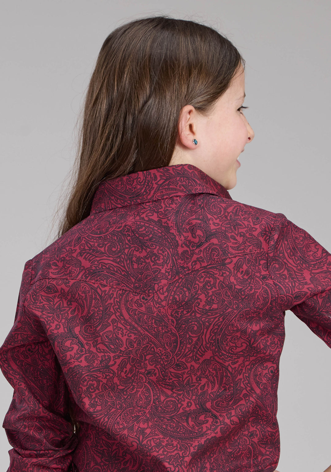 GIRLS BURGUNDY PAISLEY LONG SLEEVE BUTTON WESTERN SHIRT