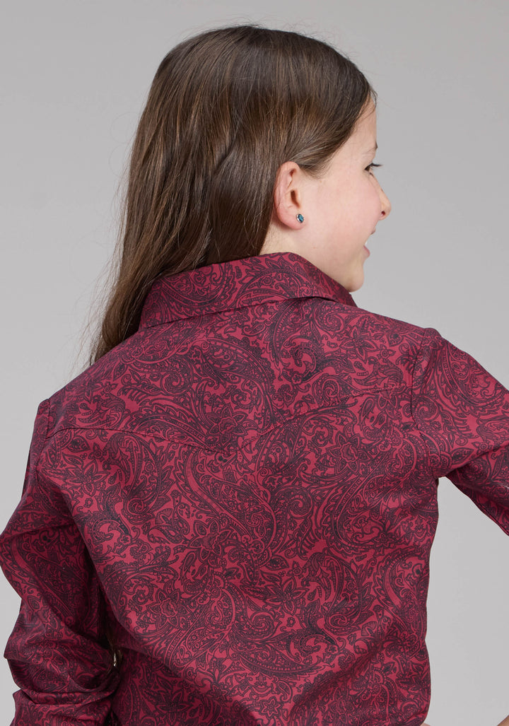 GIRLS BURGUNDY PAISLEY LONG SLEEVE BUTTON WESTERN SHIRT
