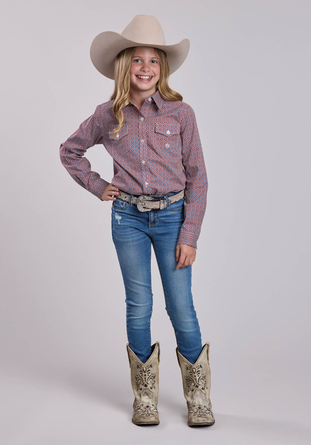 GIRLS ROPER RED TILE FOULARD LONG SLEEVE SHIRT