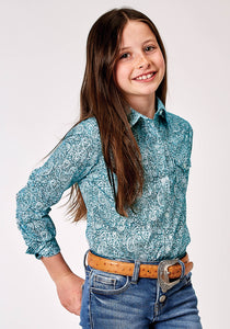 GIRLS LONG SLEEVE BUTTON STRETCH POPLIN TEAL PAISLEY WESTERN SHIRT