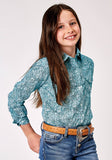 GIRLS LONG SLEEVE BUTTON STRETCH POPLIN TEAL PAISLEY WESTERN SHIRT