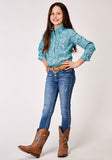 GIRLS LONG SLEEVE BUTTON STRETCH POPLIN TEAL PAISLEY WESTERN SHIRT