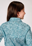 GIRLS LONG SLEEVE BUTTON STRETCH POPLIN TEAL PAISLEY WESTERN SHIRT