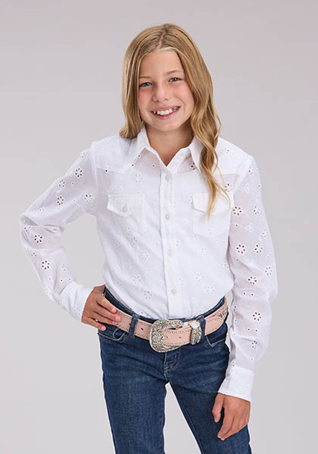 GIRLS WHITE EYELET WESTERN SHIRT LONG SLEEVE BUTTON WESTERN SHIRT