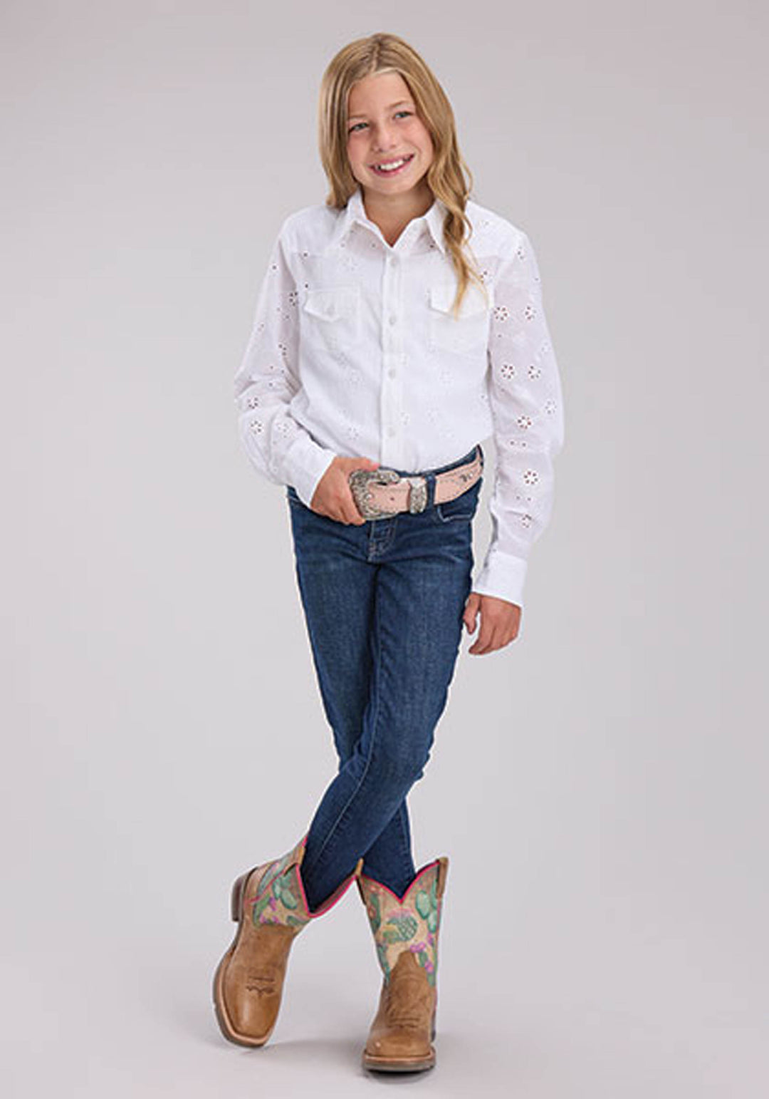 GIRLS WHITE EYELET WESTERN SHIRT LONG SLEEVE BUTTON WESTERN SHIRT