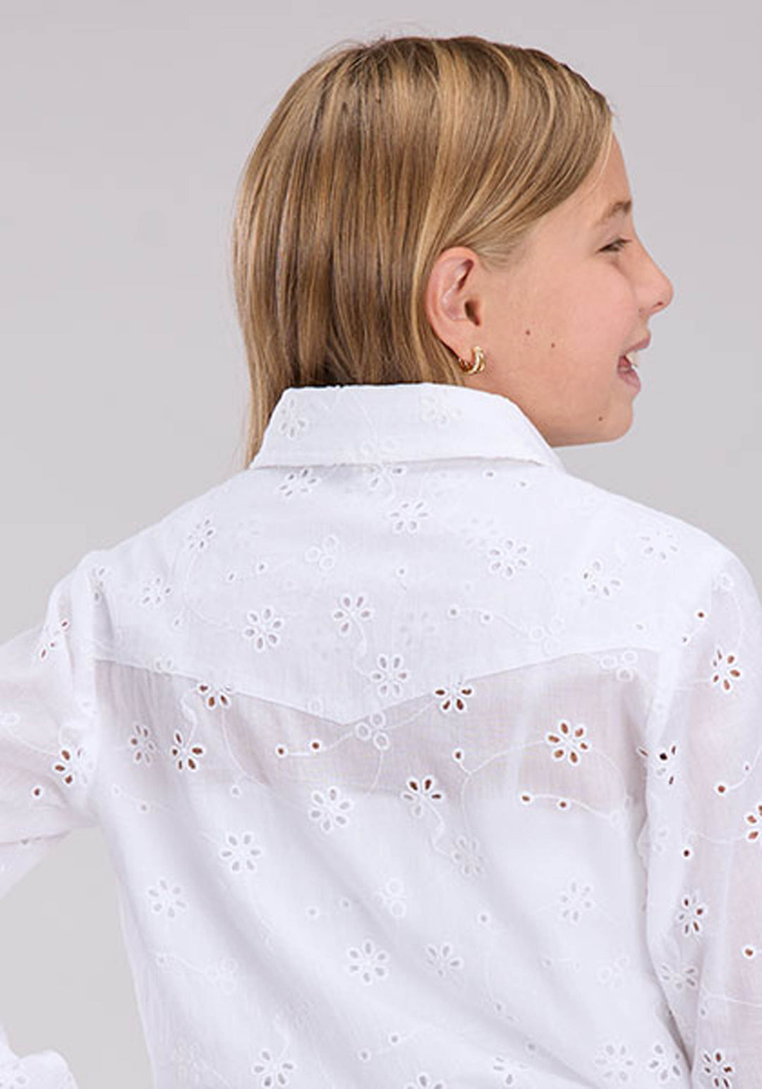 GIRLS WHITE EYELET WESTERN SHIRT LONG SLEEVE BUTTON WESTERN SHIRT