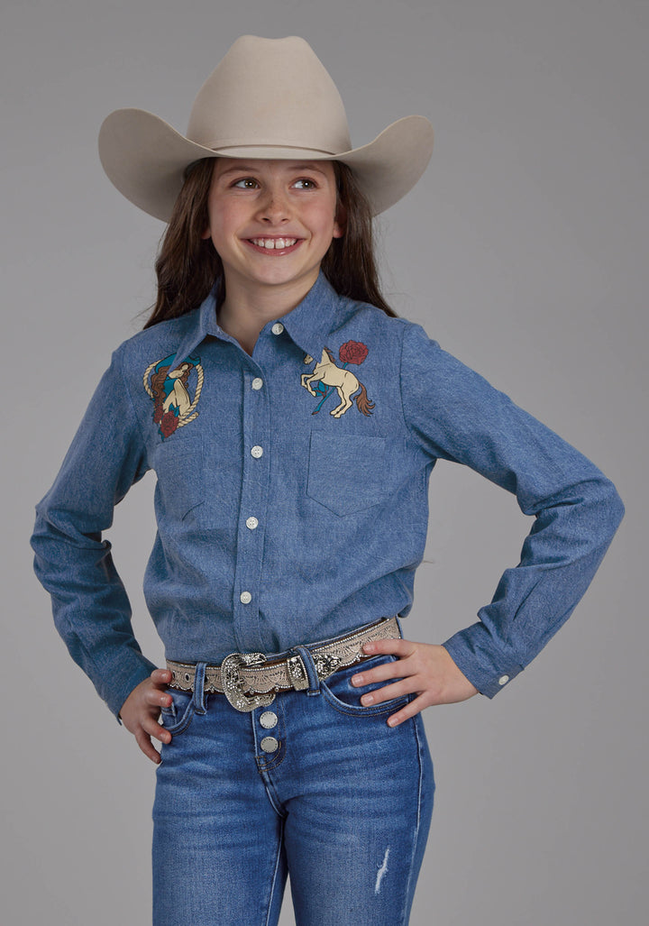 GIRLS DENIM BLUE WESTERN SHIRT LONG SLEEVE BUTTON WESTERN SHIRT