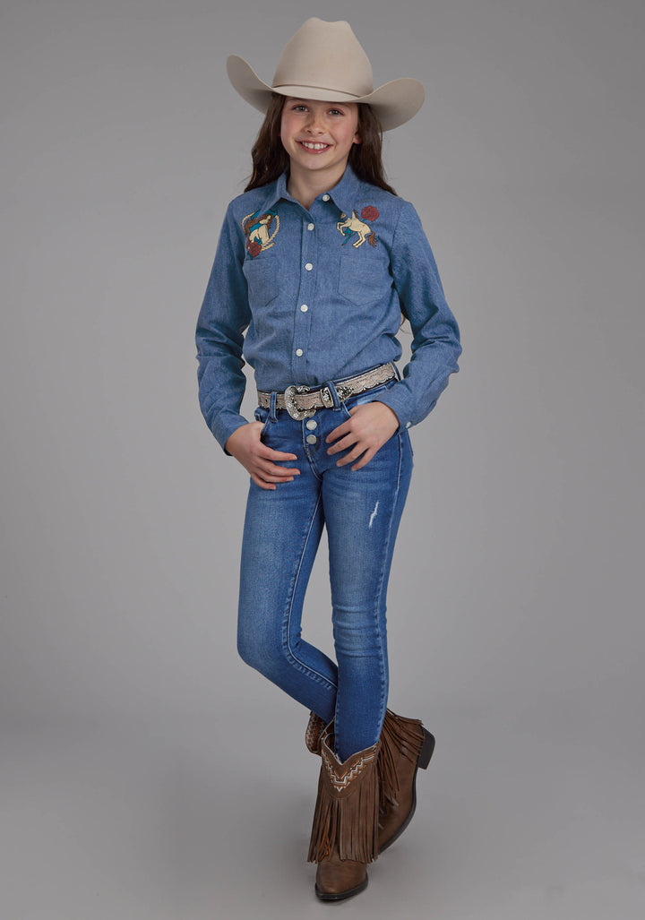 GIRLS DENIM BLUE WESTERN SHIRT LONG SLEEVE BUTTON WESTERN SHIRT