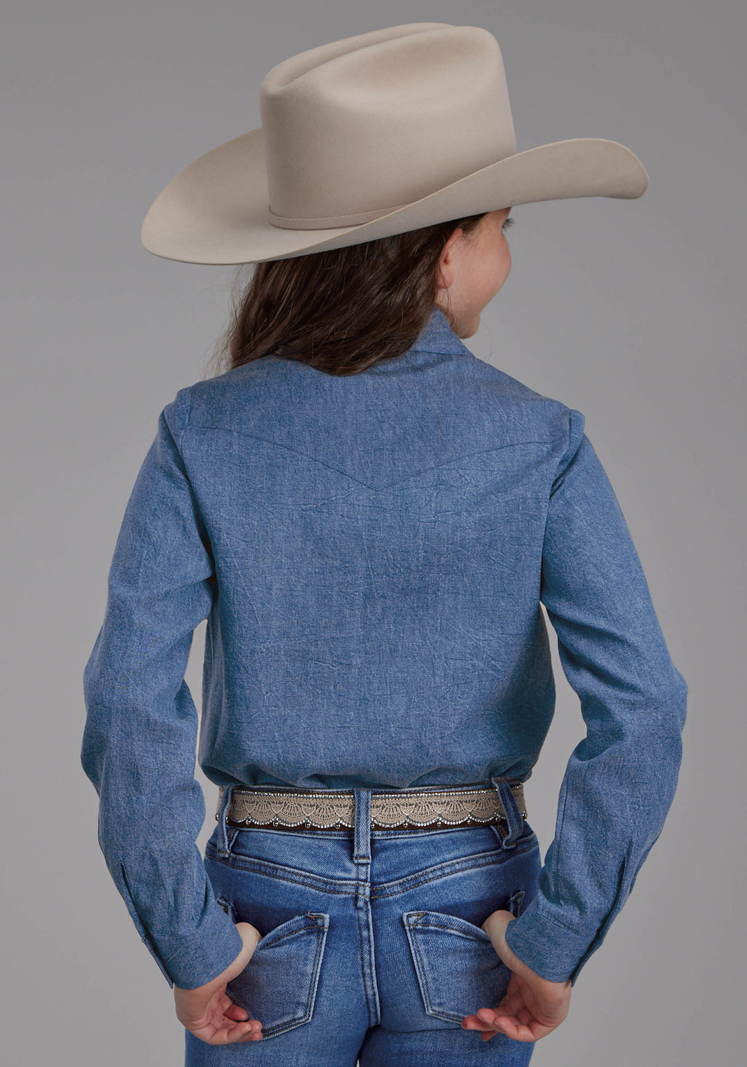 GIRLS DENIM BLUE WESTERN SHIRT LONG SLEEVE BUTTON WESTERN SHIRT