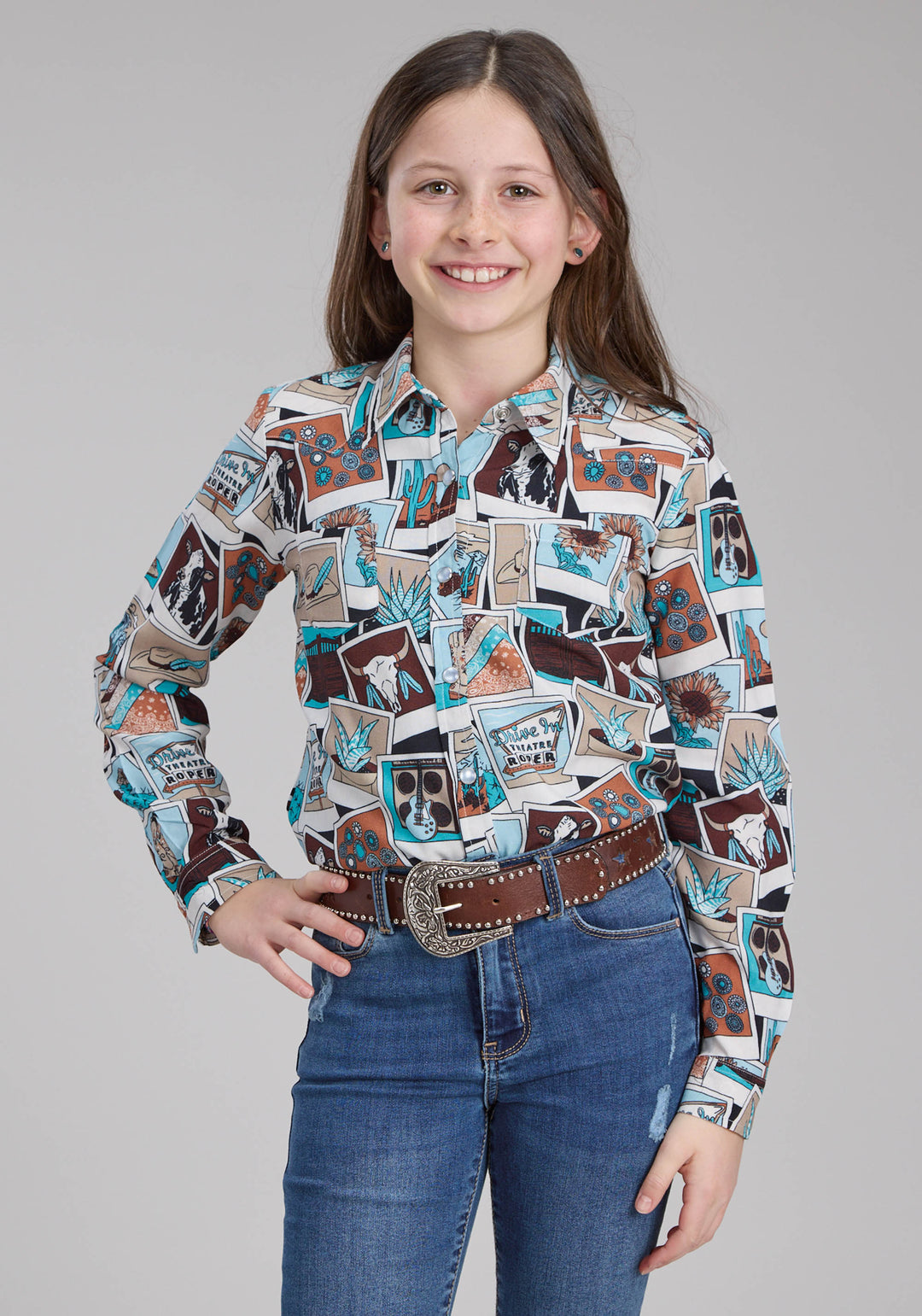 GIRLS PHOTO COLLAGE PRINTED RAYON LONG SLEEVE SNAP WESTERN SHIRT