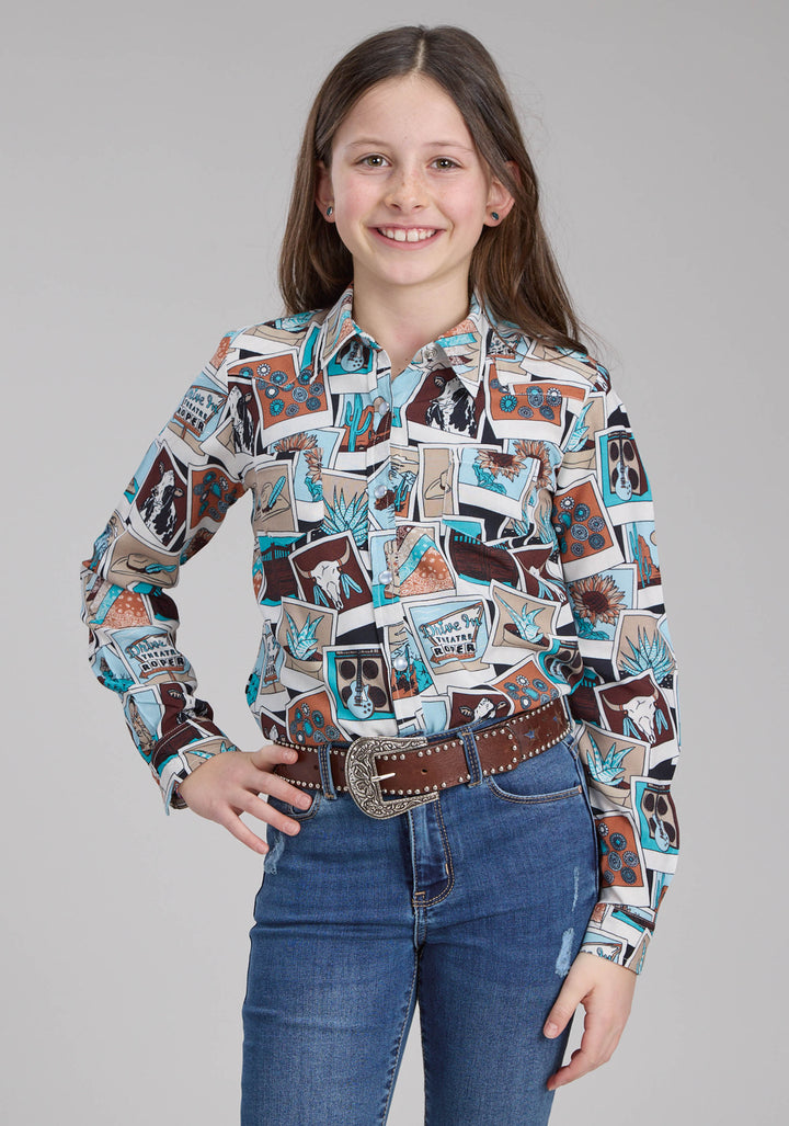 GIRLS PHOTO COLLAGE PRINTED RAYON LONG SLEEVE SNAP WESTERN SHIRT