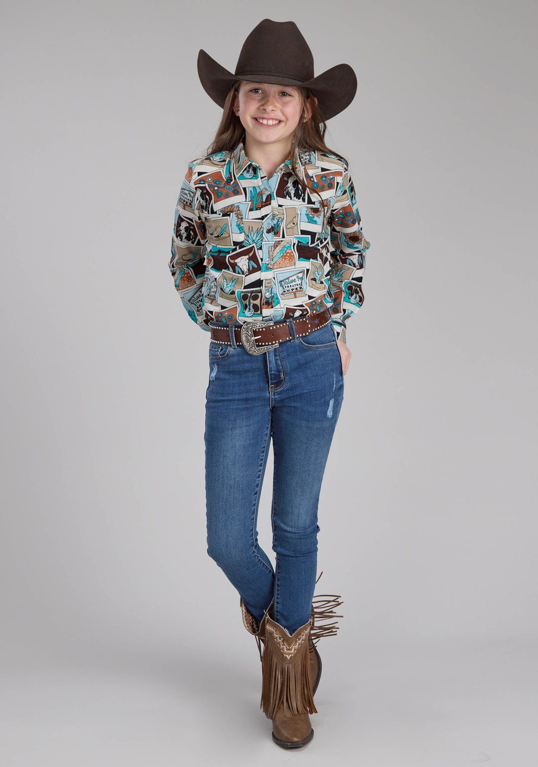 GIRLS PHOTO COLLAGE PRINTED RAYON LONG SLEEVE SNAP WESTERN SHIRT