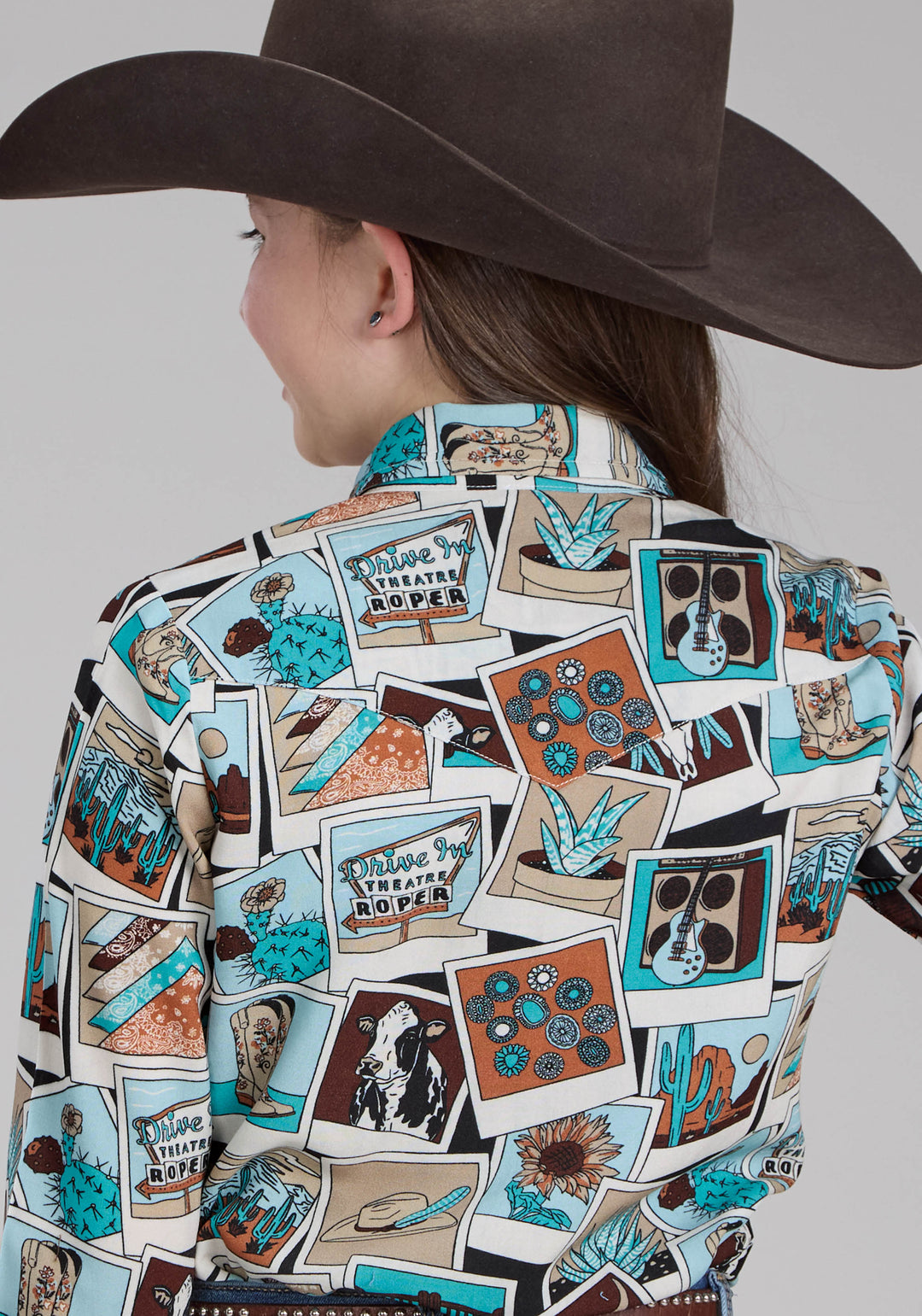 GIRLS PHOTO COLLAGE PRINTED RAYON LONG SLEEVE SNAP WESTERN SHIRT