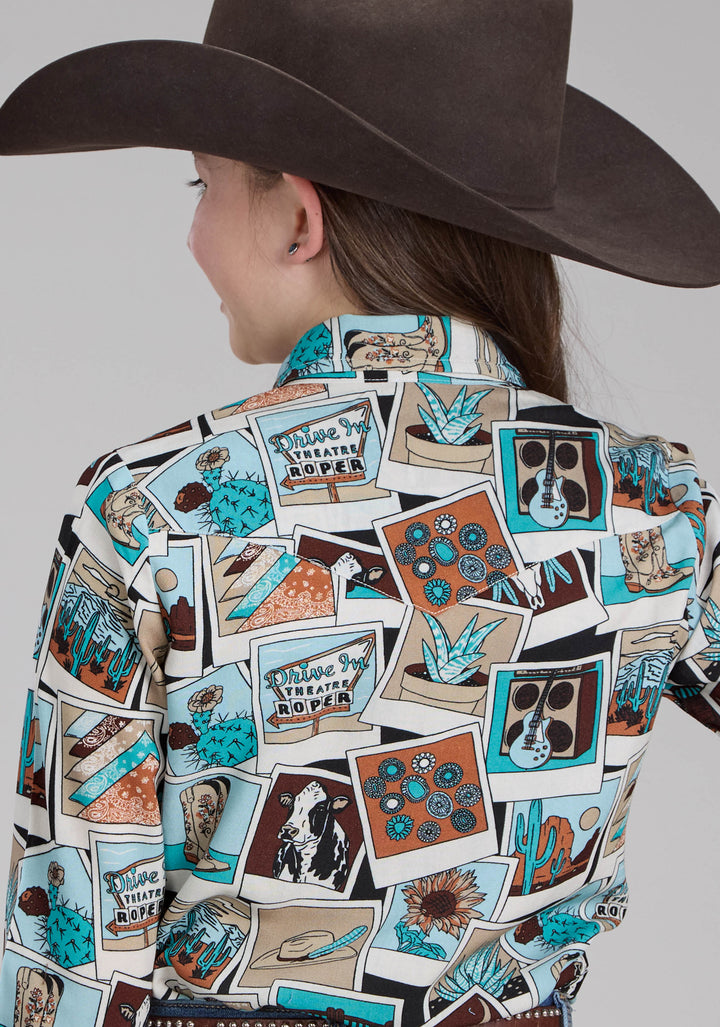 GIRLS PHOTO COLLAGE PRINTED RAYON LONG SLEEVE SNAP WESTERN SHIRT
