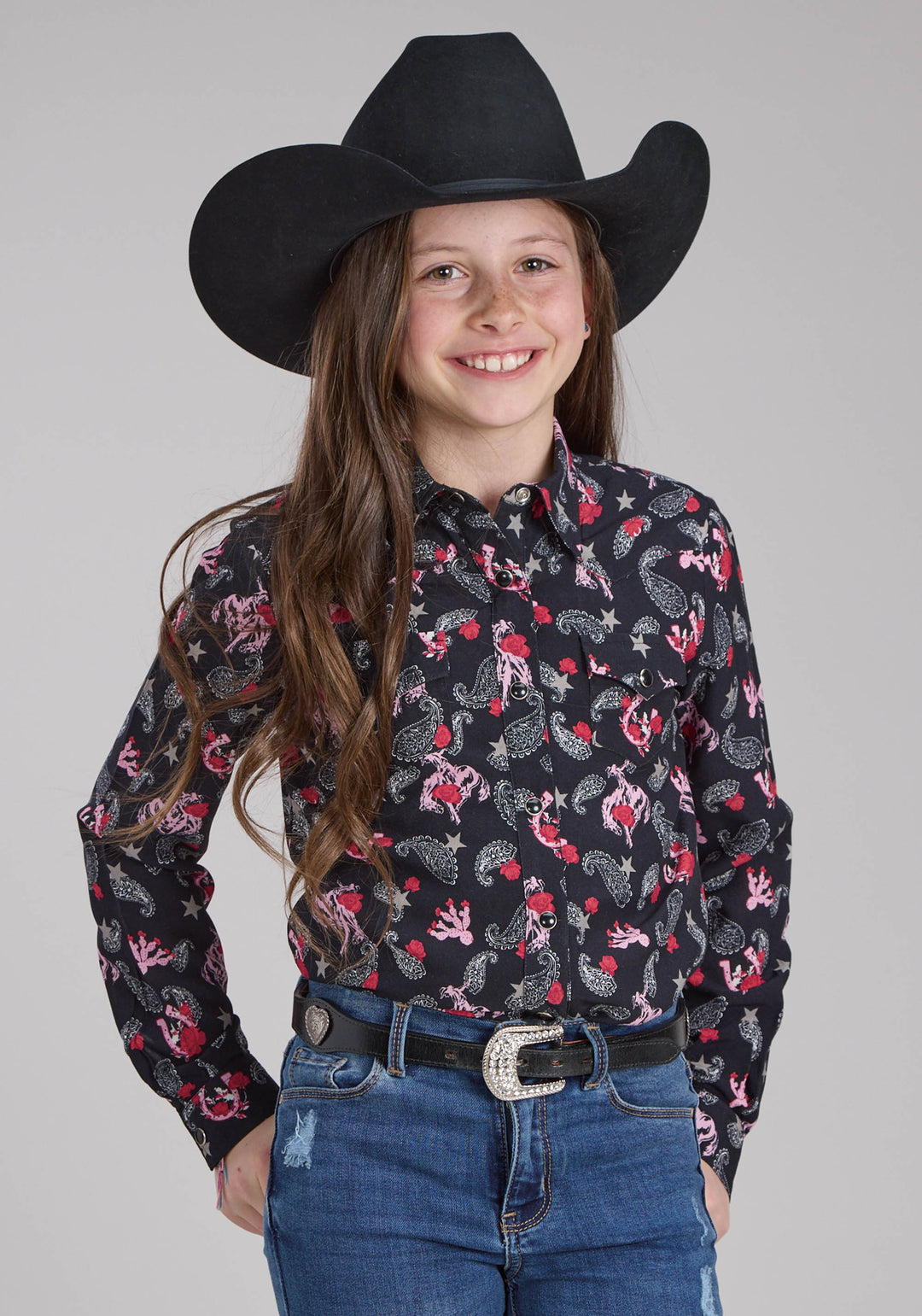 GIRLS BRONC RIDERS PRINT RAYON BLOUSE LONG SLEEVE SNAP WESTERN SHIRT