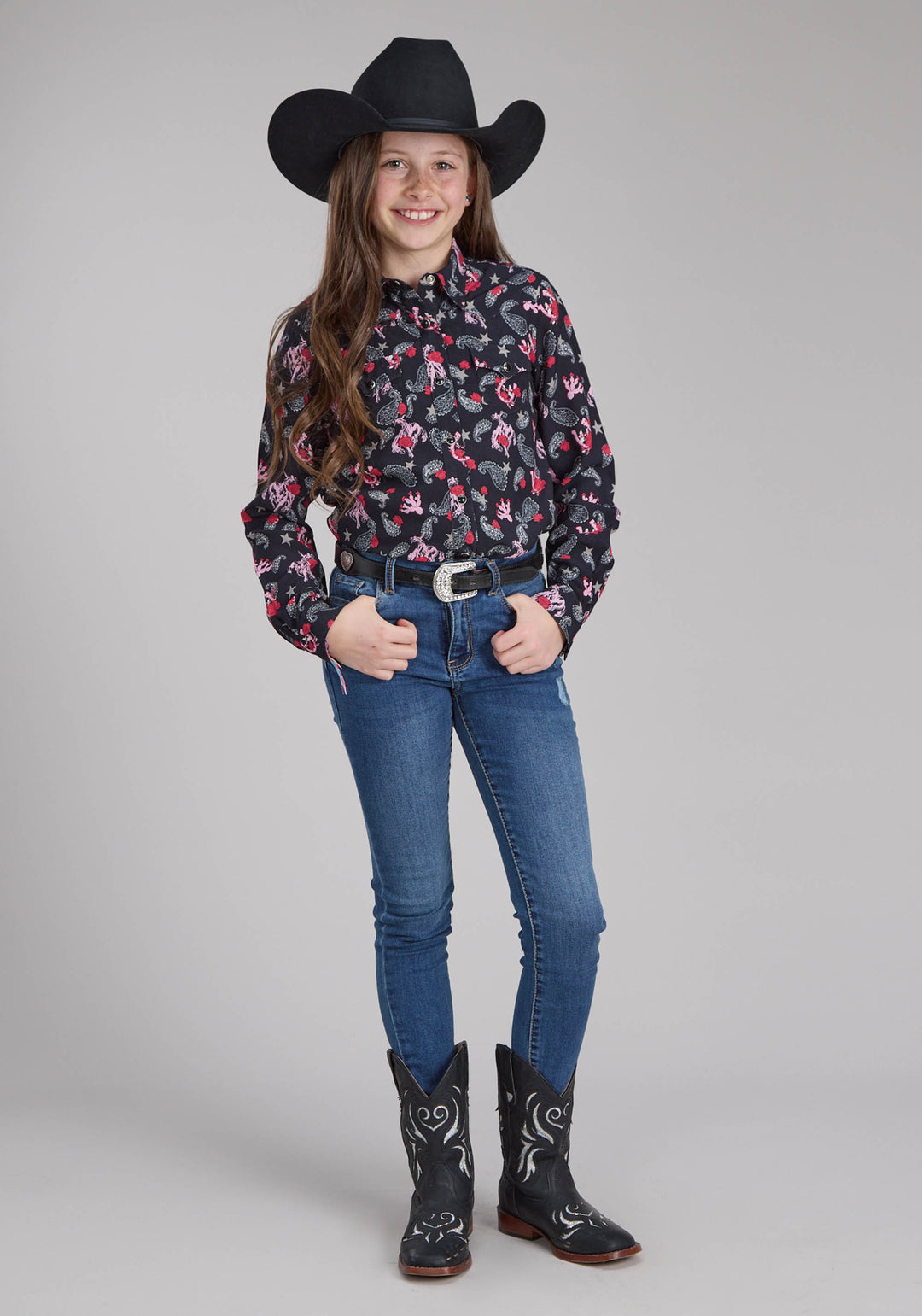 GIRLS BRONC RIDERS PRINT RAYON BLOUSE LONG SLEEVE SNAP WESTERN SHIRT