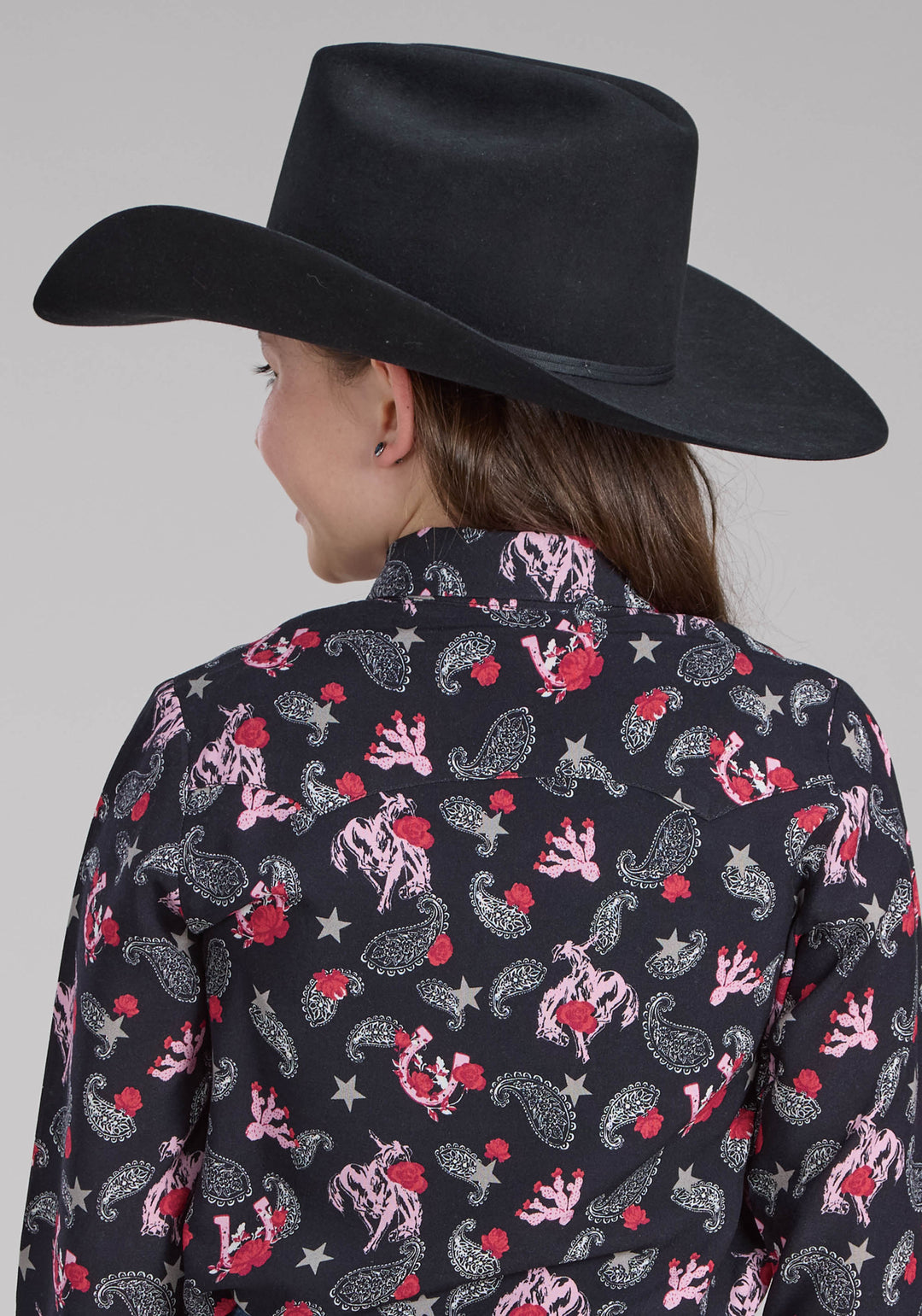 GIRLS BRONC RIDERS PRINT RAYON BLOUSE LONG SLEEVE SNAP WESTERN SHIRT