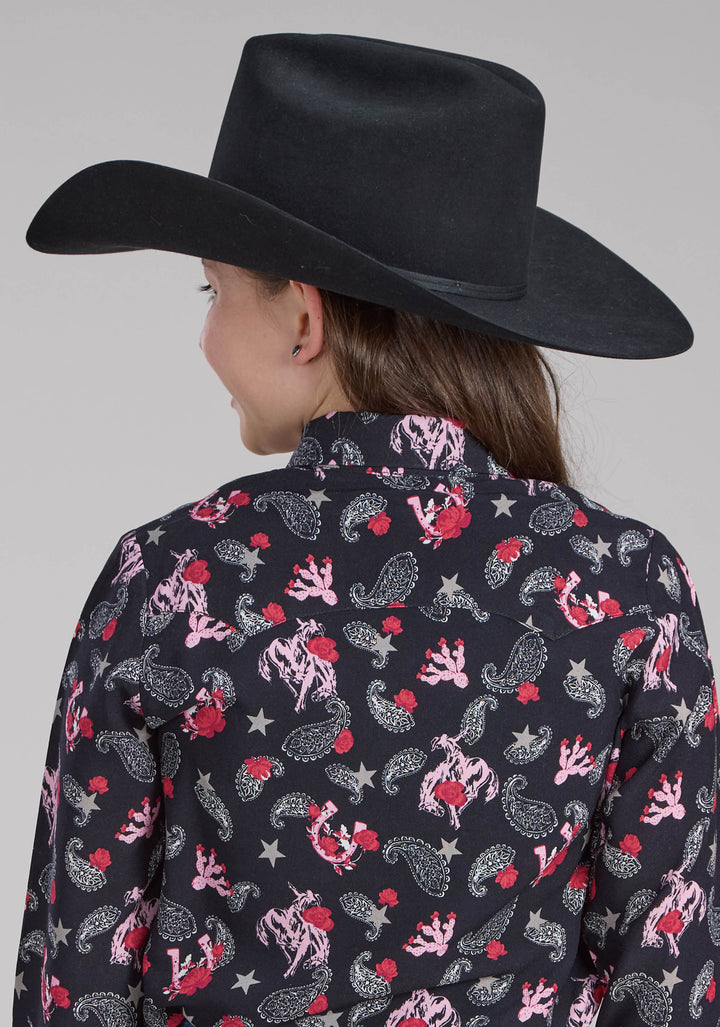 GIRLS BRONC RIDERS PRINT RAYON BLOUSE LONG SLEEVE SNAP WESTERN SHIRT