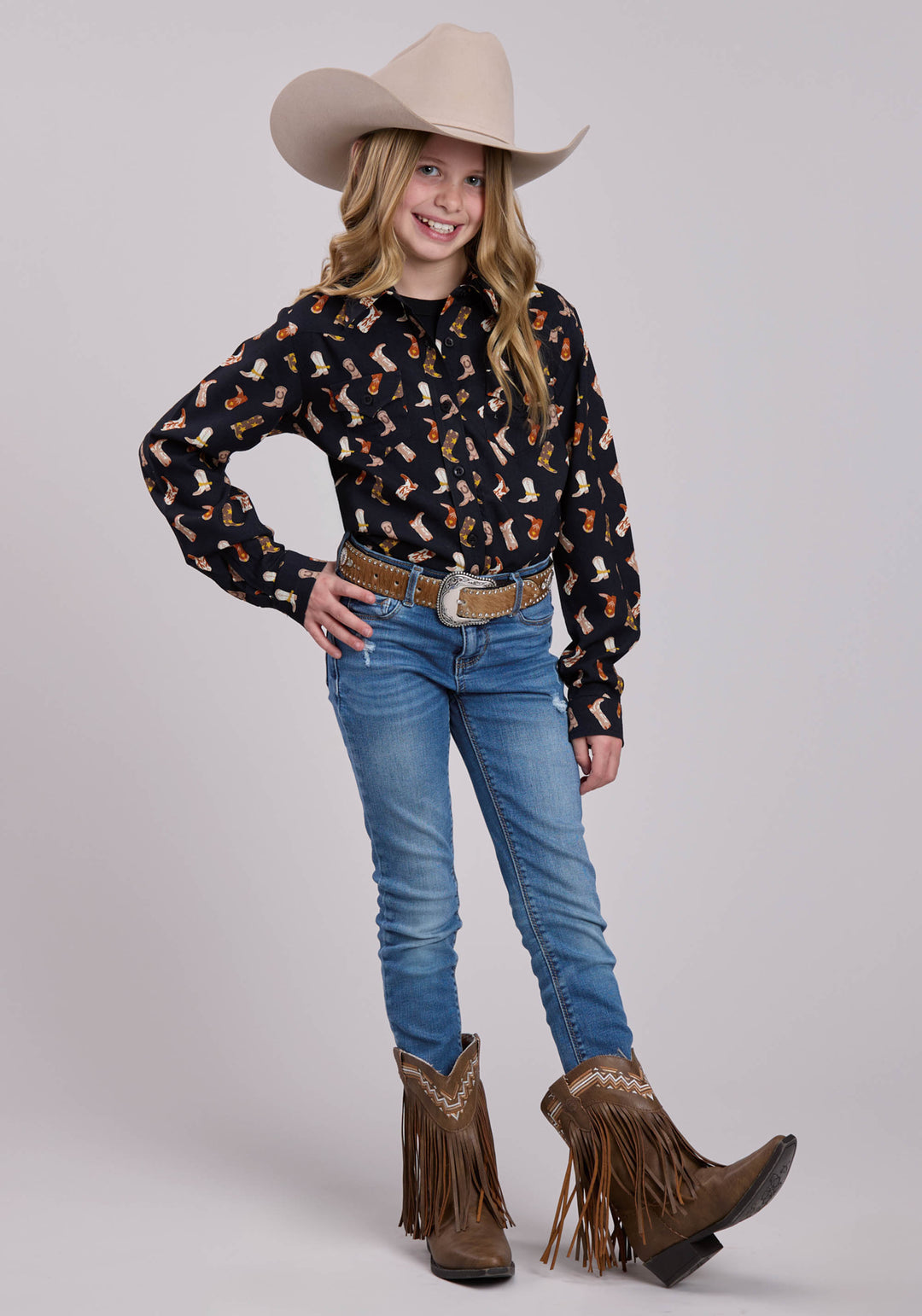 GIRLS LONG SLEEVE SNAP BOOT PRINTED RAYON WESTERN SHIRT