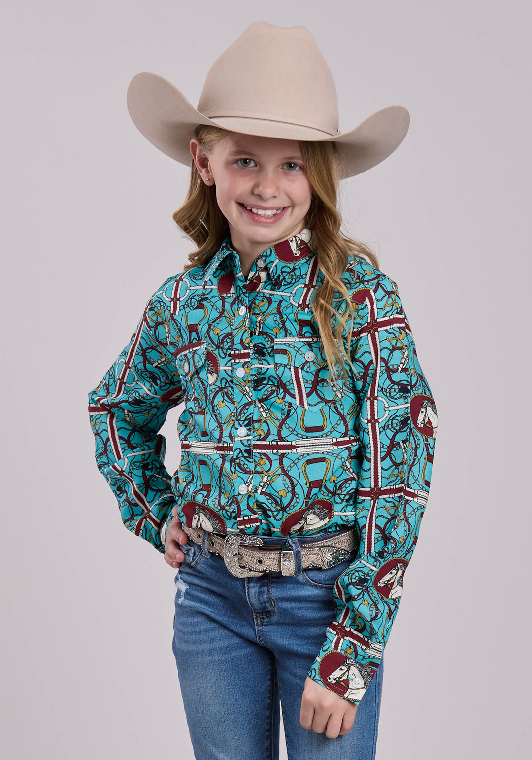 GIRLS LONG SLEEVE SNAP SCARF PRINT POLY RAYON WESTERN SHIRT