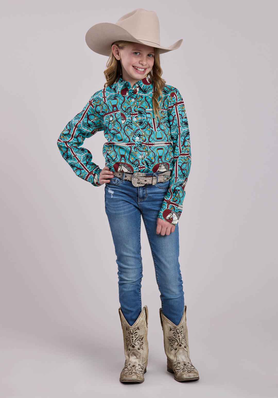 GIRLS LONG SLEEVE SNAP SCARF PRINT POLY RAYON WESTERN SHIRT