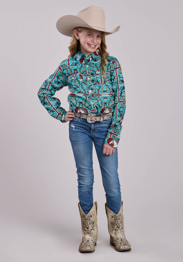 GIRLS LONG SLEEVE SNAP SCARF PRINT POLY RAYON WESTERN SHIRT