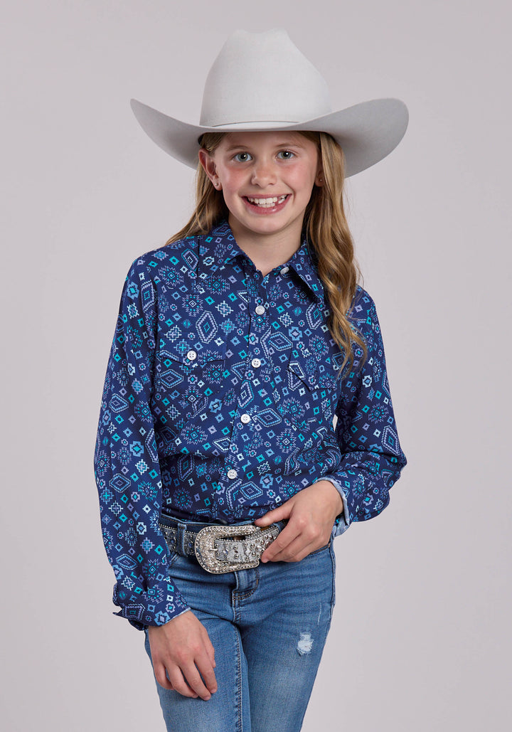 GIRLS ROPER BLUE AZTEC PRINTED LONG SLEEVE SHIRT