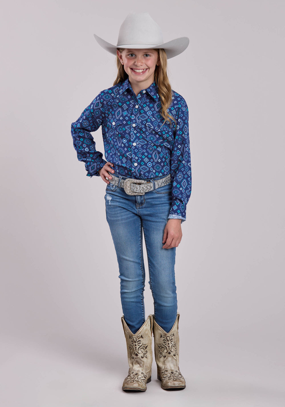 GIRLS ROPER BLUE AZTEC PRINTED LONG SLEEVE SHIRT