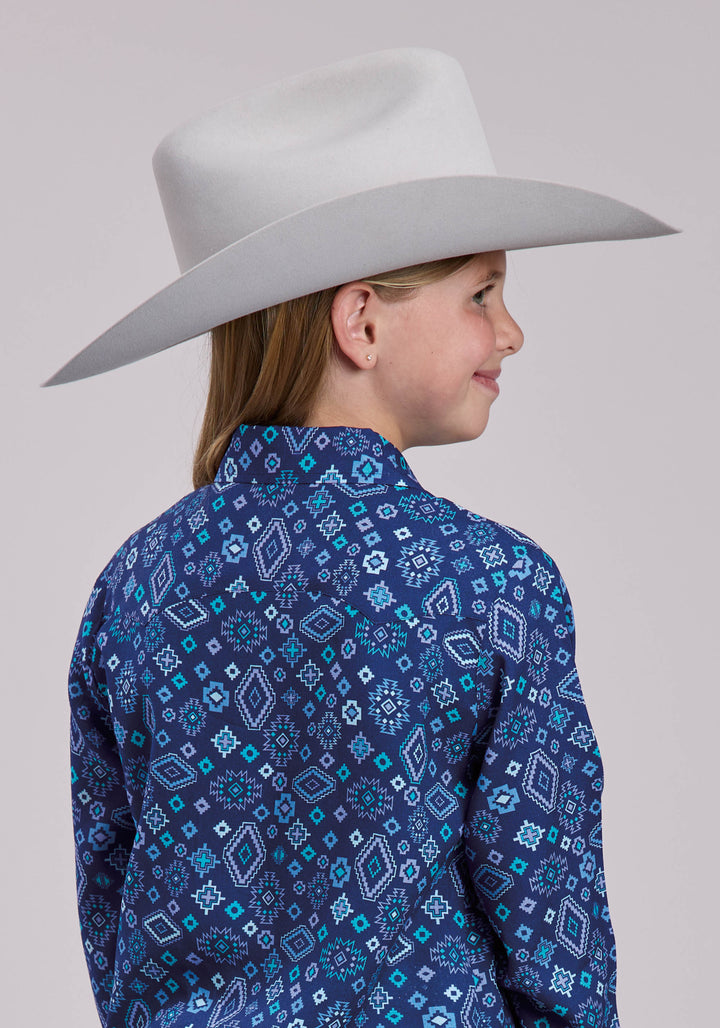 GIRLS ROPER BLUE AZTEC PRINTED LONG SLEEVE SHIRT
