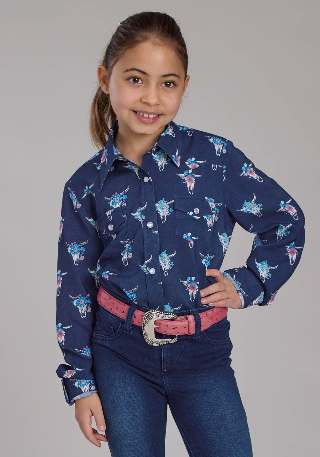 GIRLS NAVY SKULLS WESTERN BLOUSE LONG SLEEVE SNAP WESTERN SHIRT