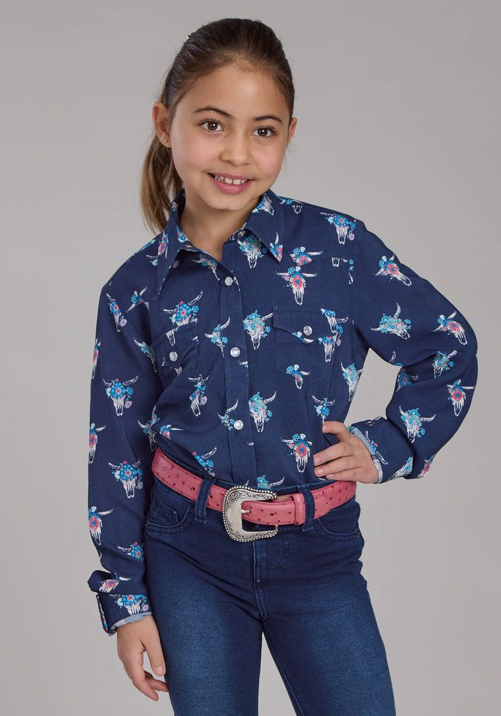 GIRLS NAVY SKULLS WESTERN BLOUSE LONG SLEEVE SNAP WESTERN SHIRT
