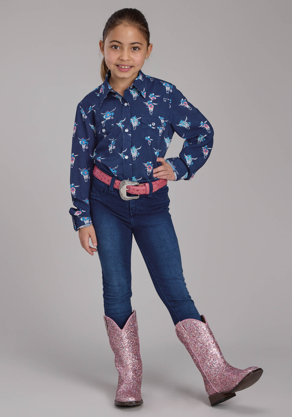 GIRLS NAVY SKULLS WESTERN BLOUSE LONG SLEEVE SNAP WESTERN SHIRT