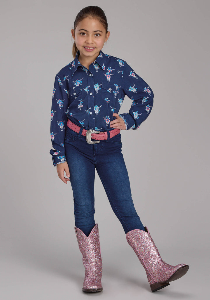 GIRLS NAVY SKULLS WESTERN BLOUSE LONG SLEEVE SNAP WESTERN SHIRT