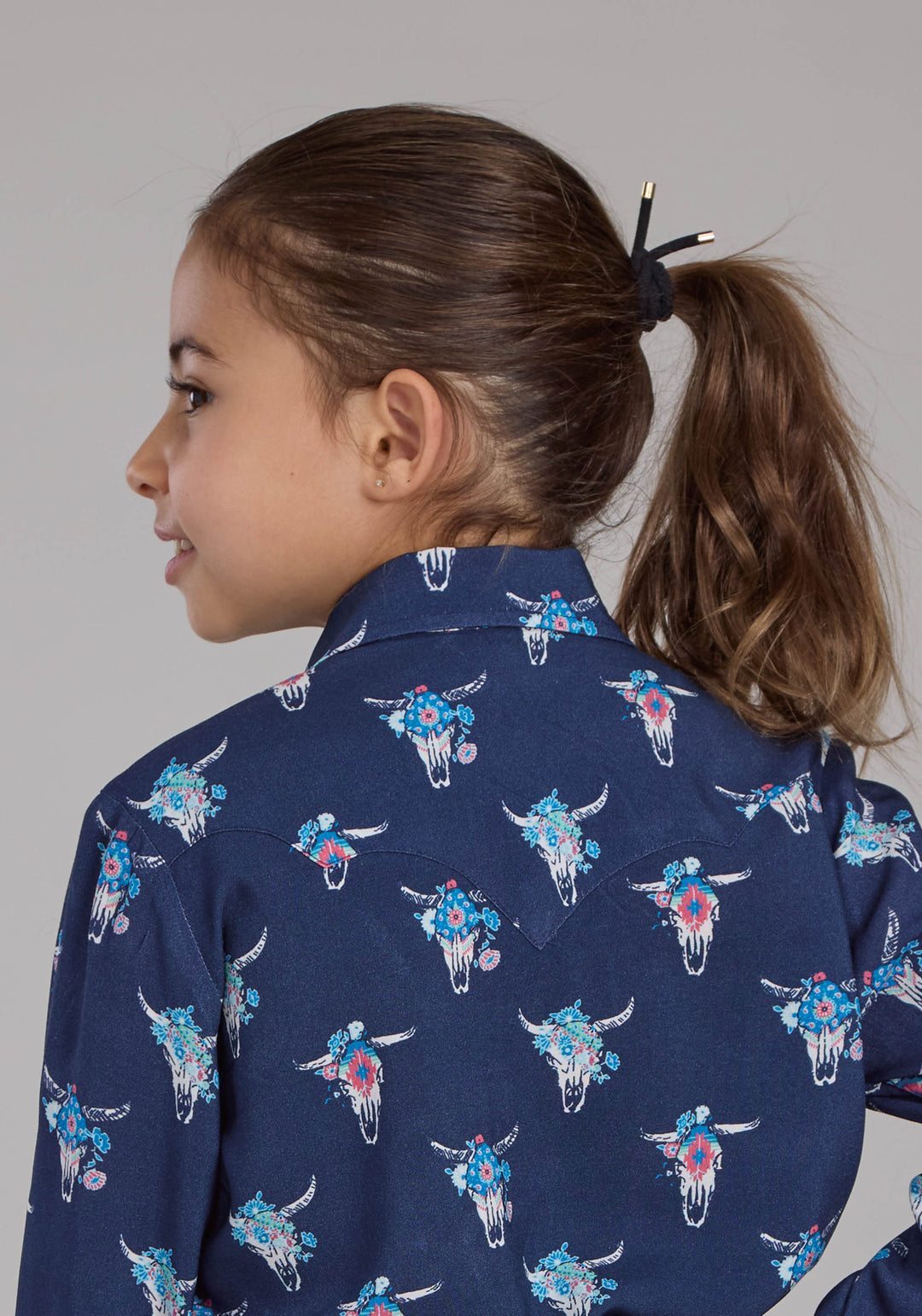 GIRLS NAVY SKULLS WESTERN BLOUSE LONG SLEEVE SNAP WESTERN SHIRT