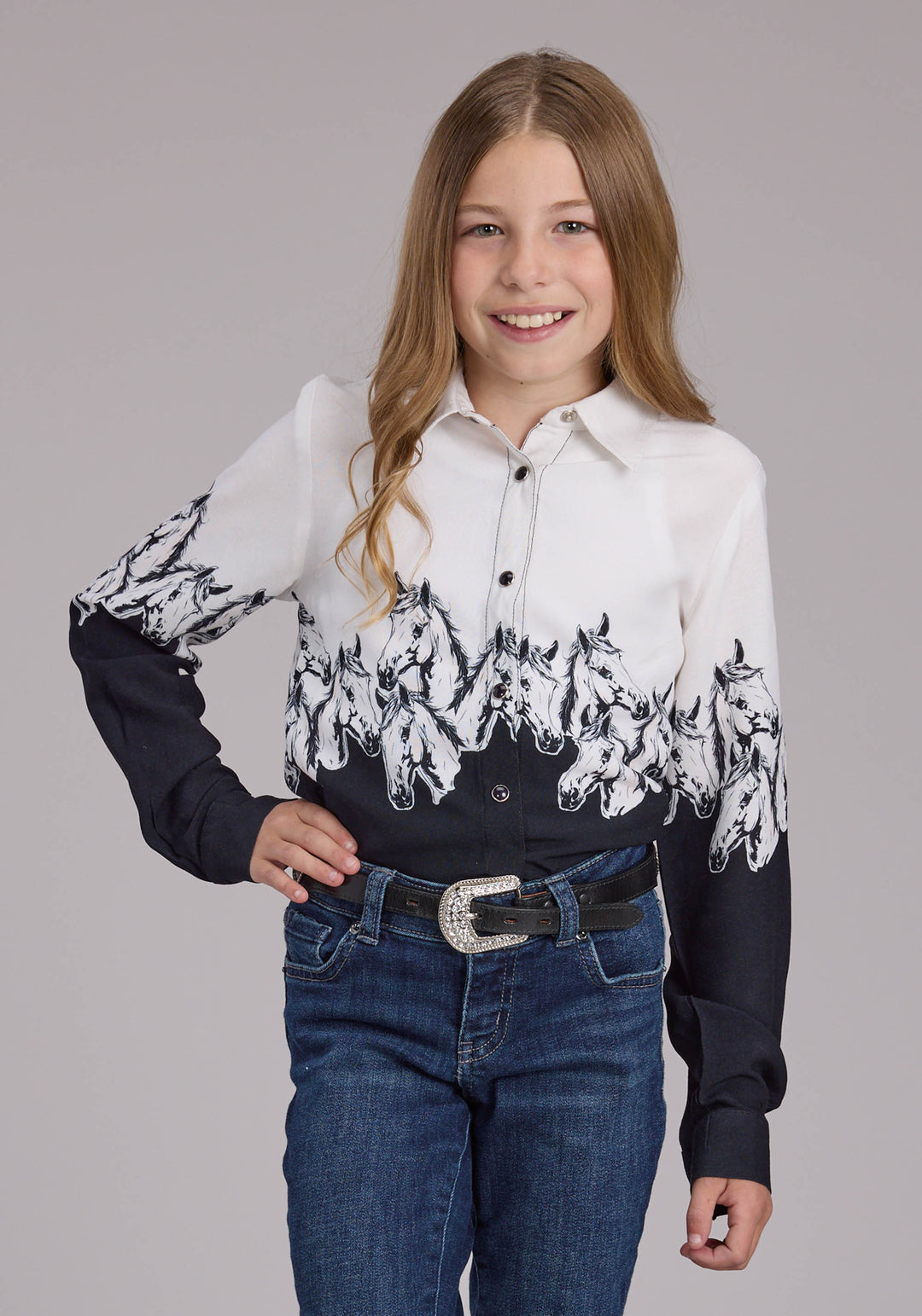 GIRLS HORSES BORDER PRINT RAYON LONG SLEEVE SNAP WESTERN SHIRT