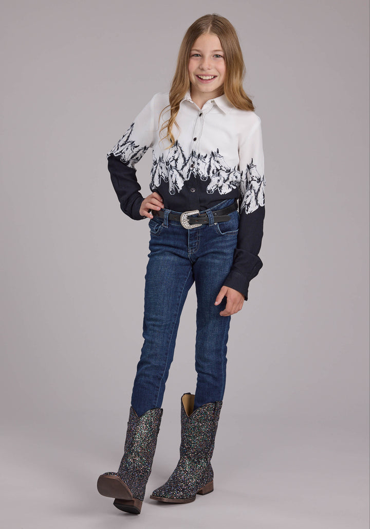 GIRLS HORSES BORDER PRINT RAYON LONG SLEEVE SNAP WESTERN SHIRT