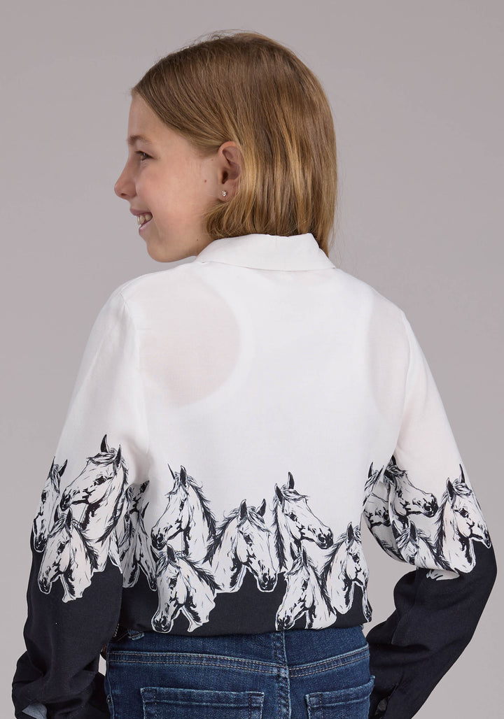 GIRLS HORSES BORDER PRINT RAYON LONG SLEEVE SNAP WESTERN SHIRT